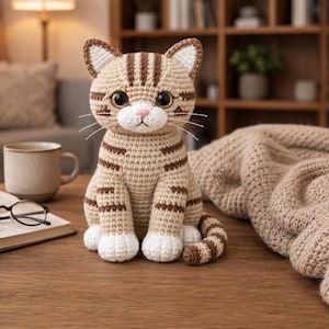 May include: A crocheted stuffed cat toy featuring a light tan body with dark brown tabby stripes, white paws, and a white muzzle with a pink nose. The cat has large, round, dark brown eyes, pointed ears with white inner details, and long white whiskers.