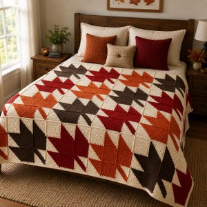 May include: A crochet bedspread featuring a repeating pattern of maple leaves in shades of dark brown, deep red, and burnt orange on a cream-colored background. The blanket is draped over a bed with cream-colored pillows and accent cushions.