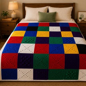 May include: A handmade crochet blanket featuring a grid of square patches in solid colors including red, blue, yellow, green, white, black, and purple. Each square displays a distinct textured stitch pattern, and the blanket has a white border.