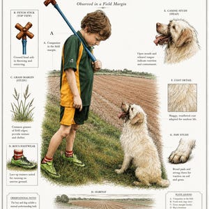 May include: An illustrated print titled "Boy & Dog" depicts a boy with a fetch stick and a golden retriever in a field. The print includes detailed studies of the dog's head, coat, and paw, along with the boy's footwear and the field's grass margin.