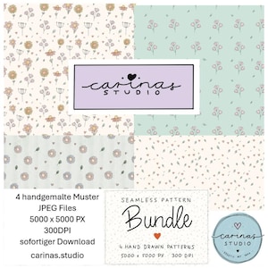 Könnte beinhalten: Ein digitales nahtloses Musterpaket mit vier handgezeichneten Designs, die florale und Blattmotive in Pastellfarben zeigen. Das Bild enthält den Text "carinas studio" und "Bundle". Die Muster sind 5000 x 5000 Pixel groß.