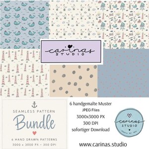Könnte beinhalten: Ein nahtloses Musterpaket mit sechs handgezeichneten Designs. Die Muster umfassen Wale, Möwen, Leuchttürme, Punkte und Herzen. Die Farbpalette umfasst Blau, Beige und Rot. Das Bild enthält auch den Text "carinas studio" und "Seamless Pattern Bundle".