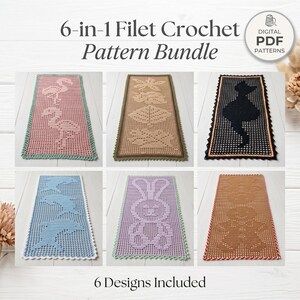 May include: A 6-in-1 Filet Crochet Pattern Bundle featuring six rectangular crochet designs with motifs of flamingos, leaves, a silhouette, dolphins, a rabbit, and a gingerbread person. The digital PDF patterns display various colours and borders.