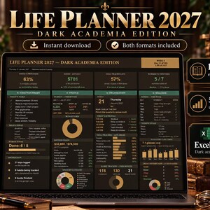 May include: A digital Life Planner 2027 Dark Academia Edition displayed on a laptop screen, featuring a dark-themed dashboard with various data trackers, finance charts, habit logs, and schedule summaries, alongside text labels for 19 tabs and 5 live charts.