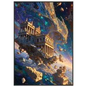 May include: A framed wall art print depicting a classical stone temple with columns floating amidst a swirling cosmic nebula of deep blues, purples, and gold. Scattered rock fragments drift around the structure against a starry space background.