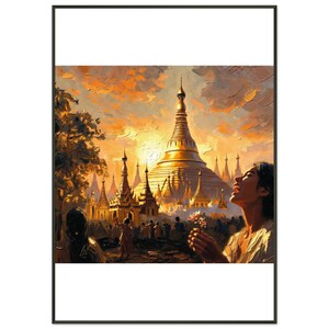 May include: An oil painting print featuring a golden pagoda complex under a vibrant orange and yellow sunset sky. In the foreground, a person holds a small bouquet of flowers, looking toward the temple, while a crowd gathers in the distance.