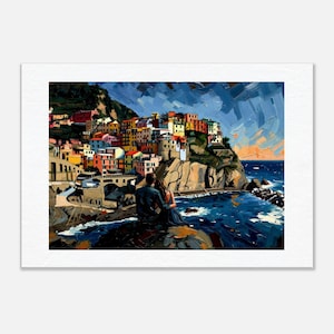 May include: An oil painting depicting a coastal village with colourful buildings perched on a rocky cliffside overlooking a deep blue sea. Two figures sit on a dark rock in the foreground, facing the water and the town under a dramatic sky.
