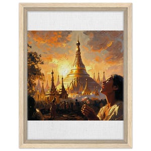 May include: A framed painting depicting a golden pagoda complex at sunset with a crowd of people in the foreground. A person in the lower right holds a small flower, looking toward the temple. The sky is filled with orange and yellow clouds.