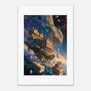 May include: A rectangular art print featuring a classical stone building with columns floating amidst a swirling cosmic nebula of deep blues, purples, and gold. Fragments of rock and smaller structures drift through the starry space.