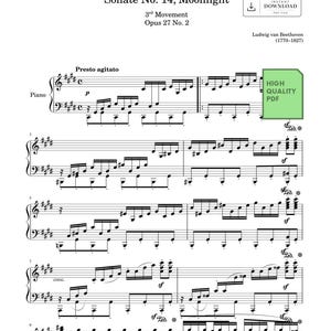 Könnte beinhalten: Ein digitales Notenblatt für Ludwig van Beethovens Sonate Nr. 14, Mondschein, 3. Satz, Opus 27 Nr. 2. Die schwarz-weiße Seite enthält Notenschrift, den Titel, den Namen des Komponisten und ein grünes Symbol mit der Aufschrift High Quality PDF.