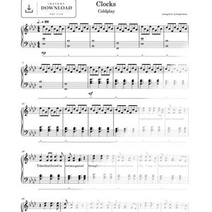May include: A digital sheet music document for the song Clocks by Coldplay, featuring a piano arrangement with musical notation, staff lines, and lyrics. The document includes an instant download icon and a tempo marking of 88 beats per minute.