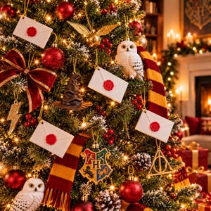 Könnte beinhalten: Ein geschmückter Weihnachtsbaum mit Harry-Potter-Ornamenten, darunter weiße Umschläge mit roten Wachssiegeln, ein goldener Schnatz, ein brauner sprechender Hut, eine weiße Eule, ein Hogwarts-Wappen, ein Blitz, eine Brille sowie ein rot-goldener Schal.