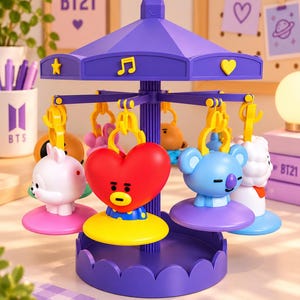 Op de afbeelding: Een paarse displaystandaard in carrouselstijl met meerdere hangende BT21-karakterfiguren. De structuur heeft een centrale kolom, een geschulpte voet en een dak versierd met gele ster-, muzieknoot- en harticonen. De figuren omvatten een rood hart, een blauwe koala en een wit konijn, elk opgehangen aan gele clips.