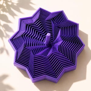 Può includere: Un oggetto pieghevole viola a forma di stella con più livelli, dotato di un perno centrale verticale. La struttura è composta da numerosi anelli concentrici con bordi a zigzag che creano un motivo geometrico profondo e a gradini.