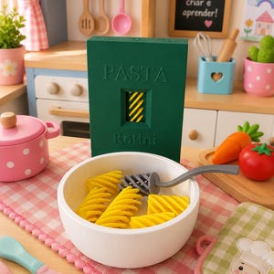 Peut inclure: Une boîte rectangulaire vert foncé étiquetée PASTA Rotini avec une fenêtre découpée montrant des formes de pâtes en spirale jaunes. Un bol blanc contient plusieurs pâtes en spirale jaunes et une fourchette en plastique gris.