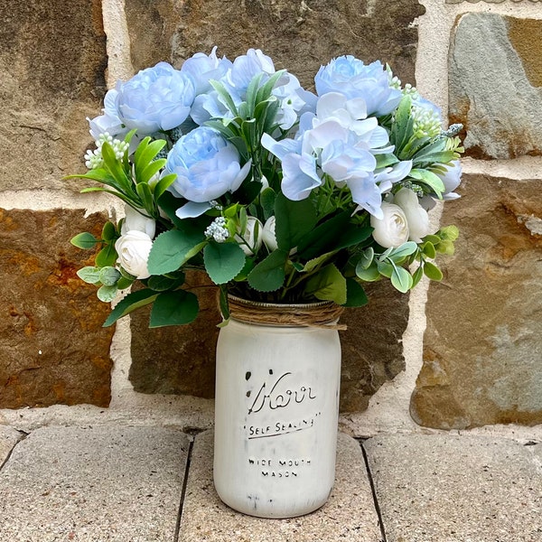 Blue and White Hydrangea, Peony Bouquet in Distressed Mason Jar Vase