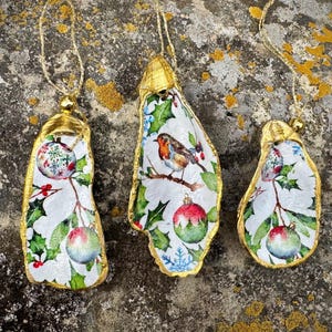 Festive Holly Christmas Ornaments ~ Oyster Shells ~ Set of 3