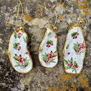 Red Berry Holly Christmas Ornaments ~ Oyster Shells ~ Set of 3