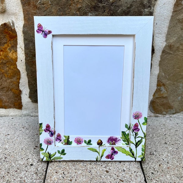 Purple Clover, Thistles and Butterflies ~ Decoupage Picture Frame & Matting - 4x6 photo.