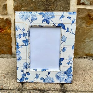 Blue Roses ~ Rustic Decoupage Picture Frame - 5x7 photo.