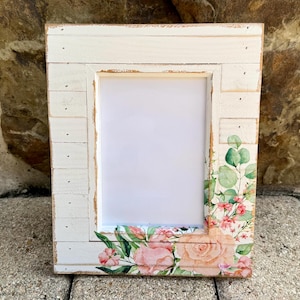Peachy/Pink Roses ~ Rustic Decoupage Picture Frame - 5x7 photo.