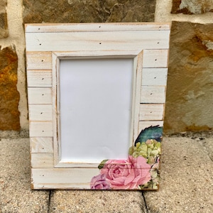 Roses & Hydrangeas ~ Rustic Decoupage Picture Frame - 5x7 photo.