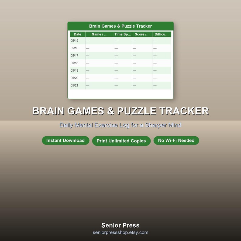 Brain Games & Puzzle Tracker Printable, Mental Exercise Log PDF, Sudoku ...