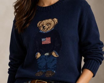 Polo Bear Cotton Knit Sweater, Unisex Crewneck Pullover, Ralph Lauren Inspired Casual Long Sleeve