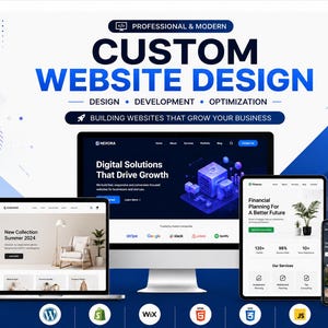 Könnte beinhalten: Werbebild für maßgeschneiderte Website-Design-Dienstleistungen. Das Bild zeigt einen Computermonitor, einen Laptop, ein Tablet und ein Smartphone, die Website-Designs anzeigen. Der Text enthält "Custom Website Design" und "Building Websites That Grow Your Business."