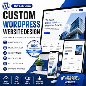 Może przedstawiać: Grafika marketingu cyfrowego promująca niestandardowe projektowanie stron internetowych WordPress. Obraz zawiera monitor komputera, tablet i smartfon wyświetlające makiety stron internetowych. Tekst zawiera "Nowoczesny, responsywny, przyjazny dla SEO" i "100% gwarancji satysfakcji."