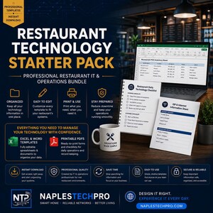 May include: A restaurant technology starter pack bundle featuring a laptop displaying an inventory spreadsheet, a daily technology checklist, an ISP information sheet, and a white mug with a fork and knife icon labeled Operations Made Simple.