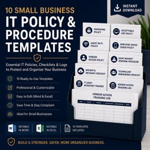 May include: A digital product listing for 10 Small Business IT Policy & Procedure Templates. The graphic features a dark blue background with white text and a tiered document holder containing printed cards for policies like Password and Guest Wi-Fi.