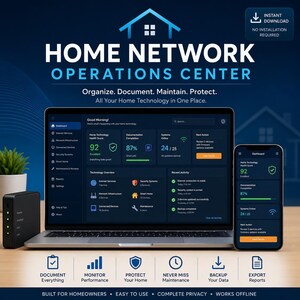 May include: A digital dashboard titled Home Network Operations Center displayed on a laptop and smartphone screen, featuring metrics for home technology health, system status, and recent activity, with icons for monitoring and data management.
