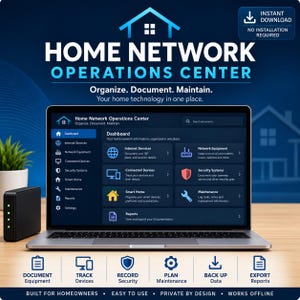 Pode incluir: Um painel digital intitulado Home Network Operations Center exibido na tela de um laptop, apresentando seções para serviços de internet, equipamentos de rede, dispositivos conectados, sistemas de segurança, casa inteligente e manutenção.