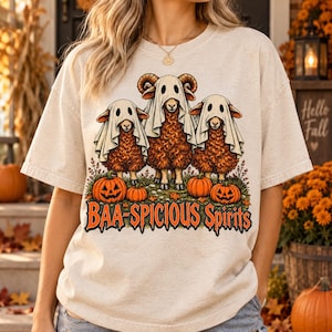 Baa-spicious Spirits PNG, Ghost Sheep Halloween Sublimation Design, Funny Farm Pun Shirt PNG, Pumpkin Patch Trendy DTF Sublimation File