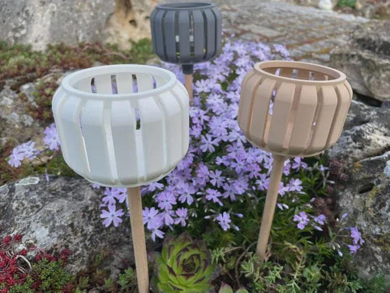 Printable garden torch lantern, 3MF file, stake light cover, modern slatted design