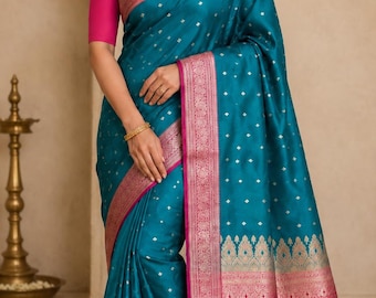 Teal Blue Banarasi Silk Saree – Roze Zari-rand, handgeweven traditionele Indiase trouwkleding