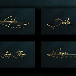 May include: Four rectangular dark teal cards featuring gold metallic cursive signatures. The top left card displays Julia Photography, the top right shows Dahlia, the bottom left reads Amy Illinger, and the bottom right features Morgan Photography.