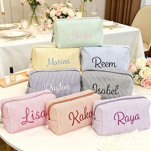 Custom Seersucker Makeup Bag: Embroidered Name, Monogrammed Toiletry Pouch, Bridesmaid Gift, Personalized Beauty Organizer
