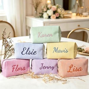 Striped Seersucker Toiletry Bag: Custom Monogrammed Name, Bridesmaid Makeup Pouch, Travel Organizer