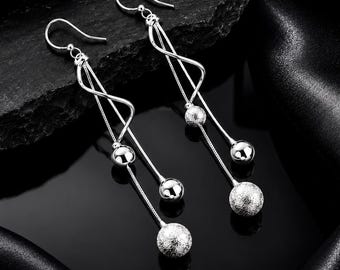 Orecchini pendenti lunghi in argento sterling 925 / con sfera a spirale / Gioielli da sposa minimalisti