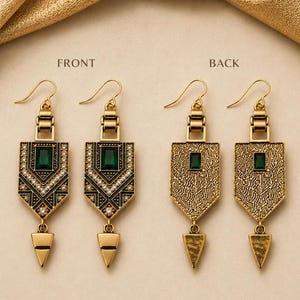 Art Deco Geometric Gold Dangle Earrings, Emerald Green Statement Jewelry