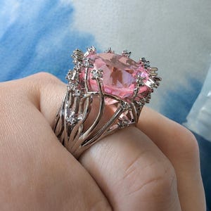 Pink CZ Halo Statement Ring | Silver Plated Branch Cocktail Ring | Vintage Inspired Brass Band
