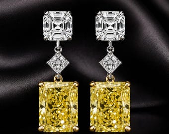 Pendientes de circonita cúbica talla radiante color amarillo canario / Pendientes colgantes de boda para novias