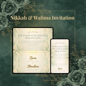 Puede incluir: Un juego de invitaciones para Nikkah y Walima con fondo verde oscuro y detalles florales dorados. Las tarjetas muestran caligrafía árabe, texto en inglés y los nombres Zara e Ibrahim en letra cursiva, enmarcados por líneas doradas.