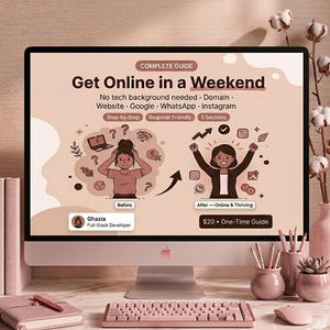 May include: A computer monitor displays a guide titled "Get Online in a Weekend." The screen shows before and after illustrations, with text including "No tech background needed" and "Step-by-Step." A pink keyboard, mouse, and accessories are in the foreground.