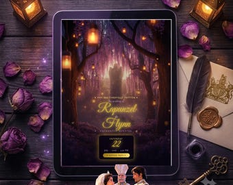 Template per sito web di matrimonio Rapunzel / Invito digitale modificabile con RSVP e conto alla rovescia / Tema fantasy Rapunzel