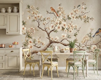 Carta da parati floreale vintage in stile Chinoiserie, murale autoadesivo con decorazioni botaniche e uccelli antichi.