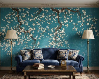Almond Blossom Wallpaper, Teal Floral Wall Mural, Vintage Blue Chinoiserie Peel and Stick Decor