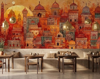 Indian Village Peel and Stick Wallpaper, Ancient City Wall Mural, Bohemian Traditional Decor